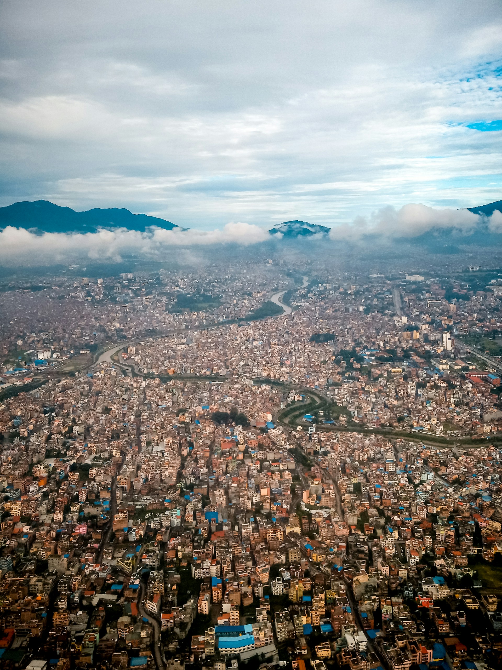 Aerial View of Kathmandu Valley with Mountains and River