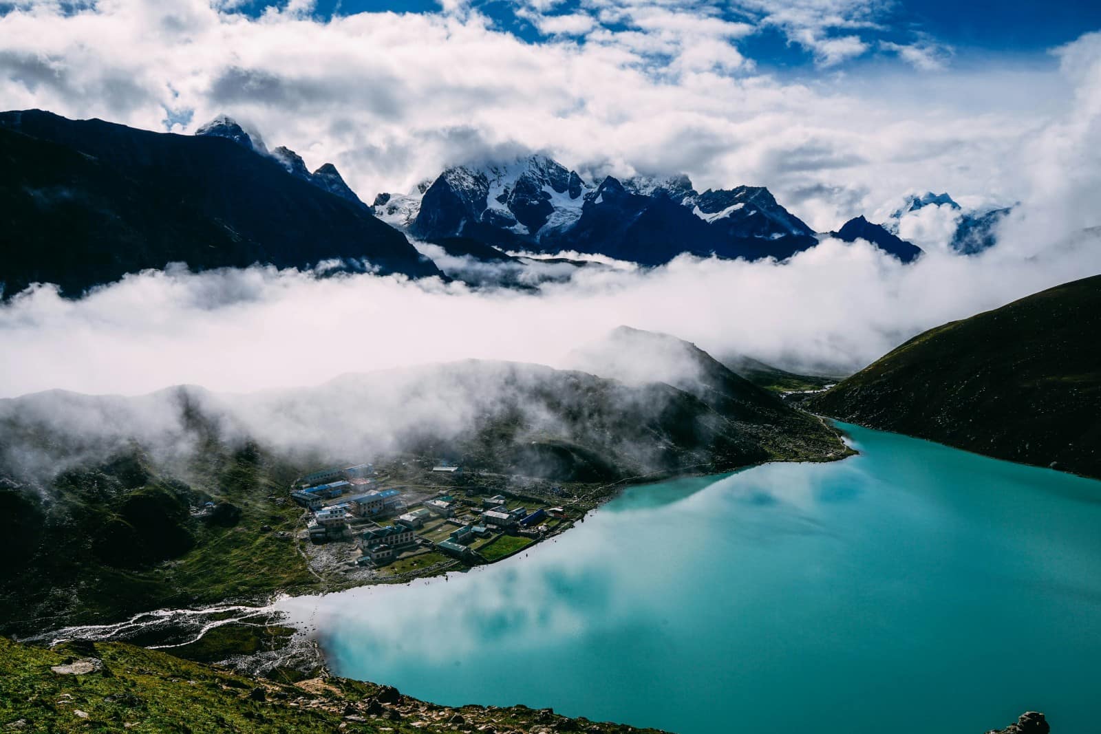 Tranquil Gokyo Lake Surrounded by Majestic Snow-Capped Mountains